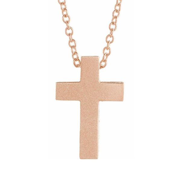 14K Rose Gold Tiny Satin Side Scroll Cross Necklace, 16-18 Inch